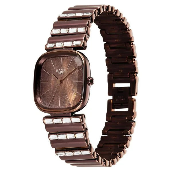 Titan Raga Glimmers Brown Mother of Pearl Square Dial Metal Strap Analog Watch for Women - Image 3