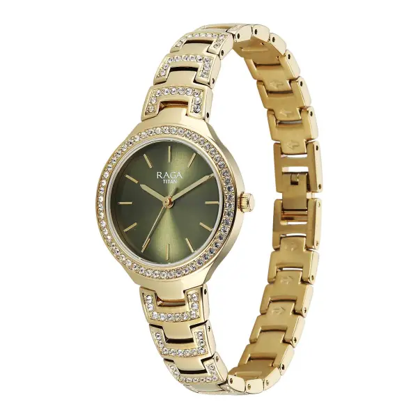Titan Raga Green Dial Gold Metal Strap Analog Watch for Women - Image 3