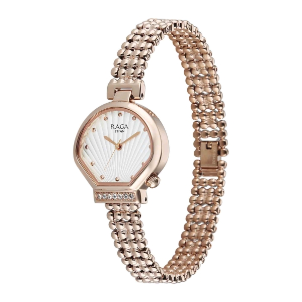 Titan Raga White Special Dial Rose Gold Metal Strap Analog Watch for Women - Image 3