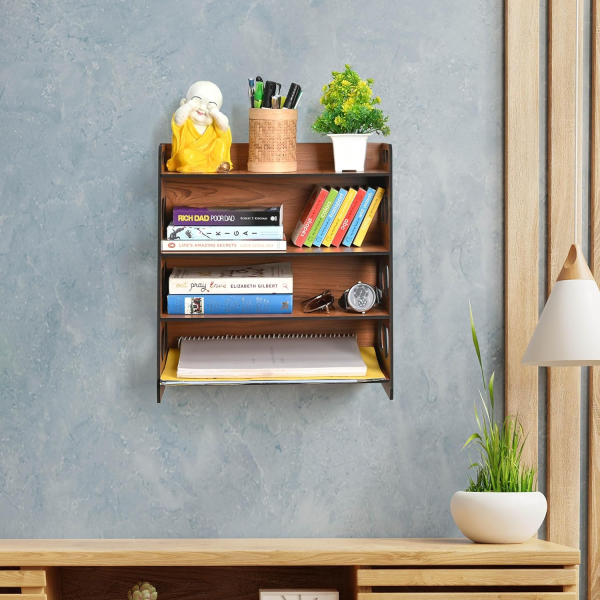 Ressence Multilayer Rack 4 Layer Wooden Book Stand Table Top Multipurpose Storage Shelf for Wall (DIY) Dark Wood - Image 3