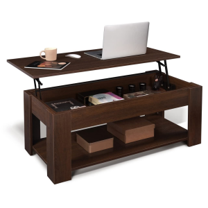 Lift Top Coffee Table with Storage, Lift Top Table for Living Room, Rising Coffee Table Hidden Compartment, Laptop Stand Comfortable Ergonomic Open Shelf in Brown