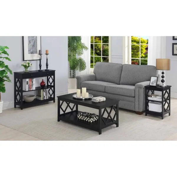 Black Diamond Coffee Table for Living Room, 40" Center Table with Strong Frame Support & Storage Shelf, 2-Tier Wood Coffee Tables for Bedroom - Image 3