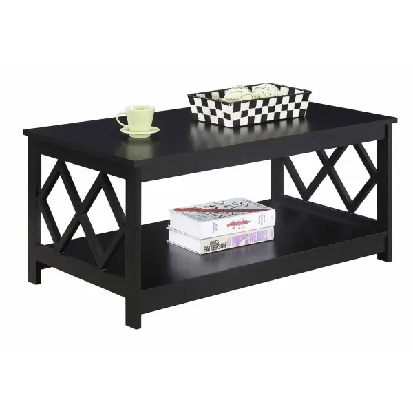 Black Diamond Coffee Table for Living Room, 40" Center Table with Strong Frame Support & Storage Shelf, 2-Tier Wood Coffee Tables for Bedroom - Image 2