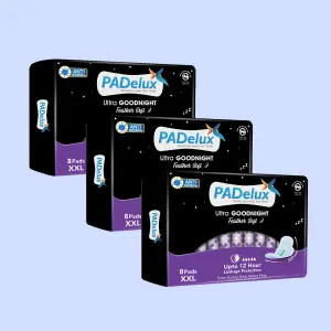 PADelux Sanitary Pads Ultra Goodnight XXL 320 mm- 8 Pads ( Pack of 3 ) For night and day use