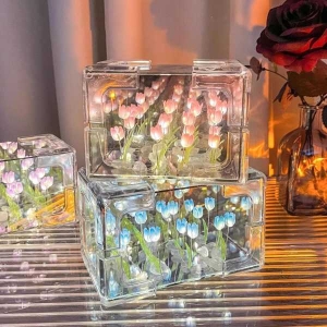 Penasfe Diy Lamp Handmade Diy Tulip Night Light Mirror Lamp Battery Powered Flower Table Ornament Easy Installation Buyer's Choice Rectangle Tulip