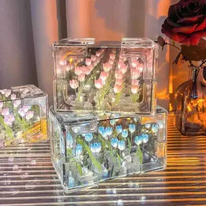 Penasfe Diy Lamp Handmade Diy Tulip Night Light Mirror Lamp Battery Powered Flower Table Ornament Easy Installation Buyer's Choice Rectangle Tulip