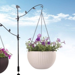 Euro Hooked White Round Hanging Flower Pot With Drainage Hole / Planter For Garden Balcony With Metal Chain ( Medium Size ) -6 inch
