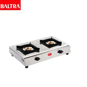 BALTRA Ruby Two Burner  Gas Stove / Stainless steel body / Brass burner topss / Fine bakelite designer knobs / Drip tray included / 24 Month Warranty