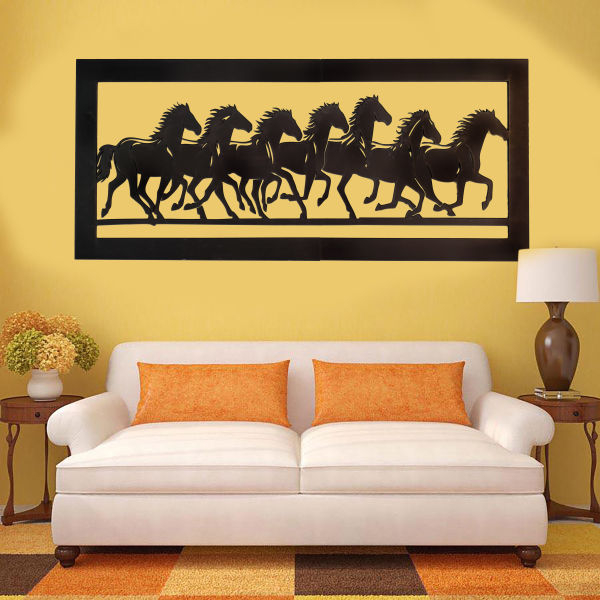 Seven Horse Long Wooden Wall Art for Good Luck and fortune In Black 4 Feet - Image 2