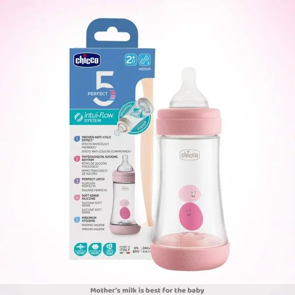 Chicco Perfect 5 240ml Biofunctional Feeding Bottle, Advanced Anti-Colic System, BPA Free, Hygienic Silicone Teat (Pink) - Image 3