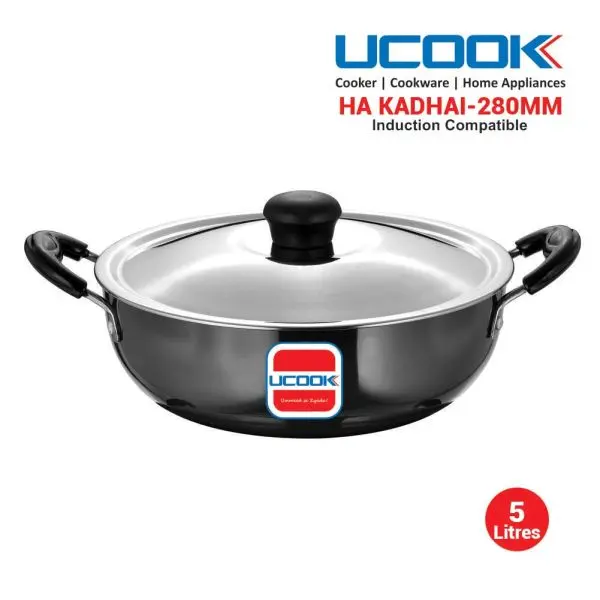 UCOOK Hard Anodised Induction Based Steel Lid Deep Kadhai 5 Litres - Image 2