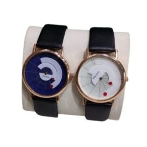 Black Leather Strap Round Design Couple Watch | Valentine Special