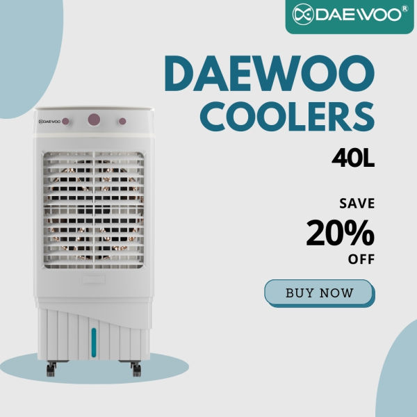 Daewoo 40 litre Honeycomb Air Cooler | Glass Top | White And Grey Color | 4 Wheels | Dual Tone | 40 ltr | Three-Speed Control | 12" Fan Inside | 1 Year Warranty - Image 4