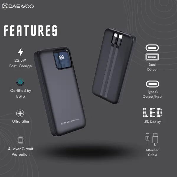 Daewoo Mighty 1000 | 10000 mAh Power Bank | 22.5W Fast Charging | Type C Output Input | Attached Cable Port C Lightning | 1 Year Warranty | PD QC 3.0 | Lithium Polymer - Image 2