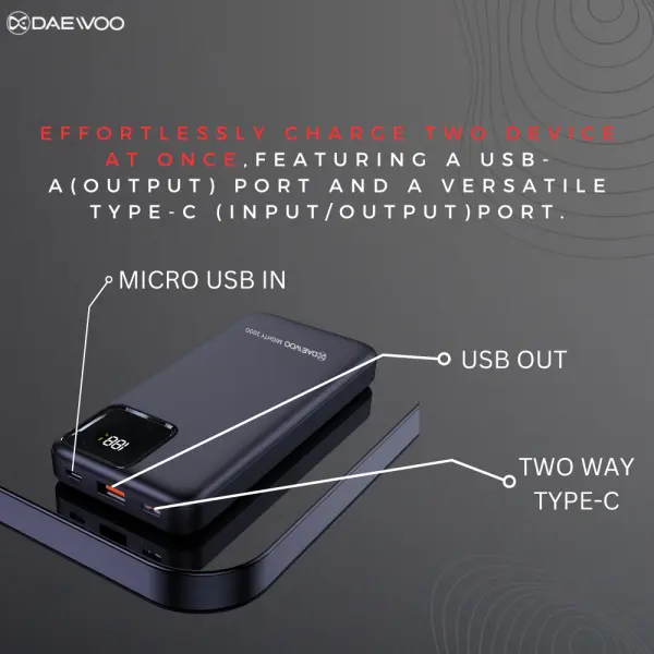 Daewoo Mighty 1000 | 10000 mAh Power Bank | 22.5W Fast Charging | Type C Output Input | Attached Cable Port C Lightning | 1 Year Warranty | PD QC 3.0 | Lithium Polymer - Image 4
