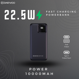 Daewoo Mighty 1000 | 10000 mAh Power Bank | 22.5W Fast Charging | Type C Output Input | Attached Cable Port C Lightning | 1 Year Warranty | PD QC 3.0 | Lithium Polymer