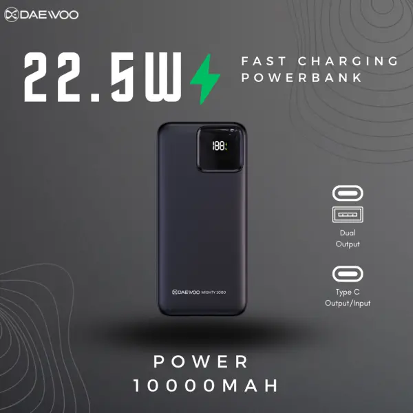 Daewoo Mighty 1000 | 10000 mAh Power Bank | 22.5W Fast Charging | Type C Output Input | Attached Cable Port C Lightning | 1 Year Warranty | PD QC 3.0 | Lithium Polymer
