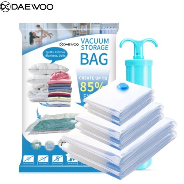 Daewoo Pack of 5 Reusable Ziplock Vacuum Storage Space Saver Bags with Travel Hand Pump for Clothes | Vaccum Storage Space Saver Bag - Image 2