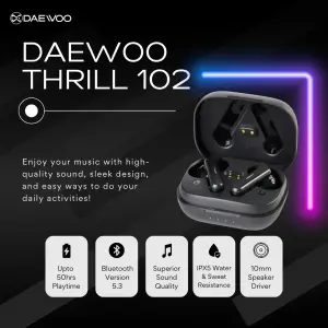 Daewoo Thrill 102 Earbuds | 50Hr Playtime | Bluetooth 5.3 | High Bass | IPX5 Water-Resistant | 10mm Driver | ENC | InstaCharge | Touch Control | Voice Assistant | Compact Design