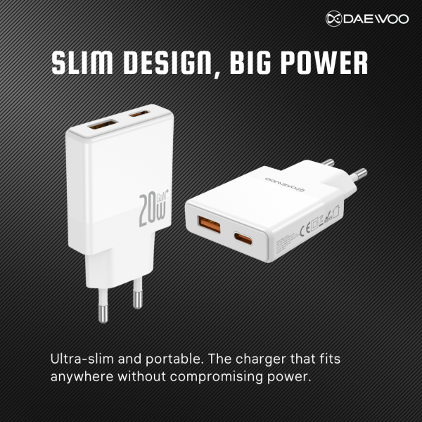 Daewoo VOLTX20 | Ultra-Slim Fast Charger | 20W Super Fast Charging | GaN Tech | USB-A & USB-C Outputs | Smart Protection | Global Compatibility - Image 4