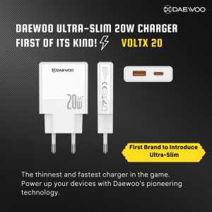 Daewoo VOLTX20 | Ultra-Slim Fast Charger | 20W Super Fast Charging | GaN Tech | USB-A & USB-C Outputs | Smart Protection | Global Compatibility