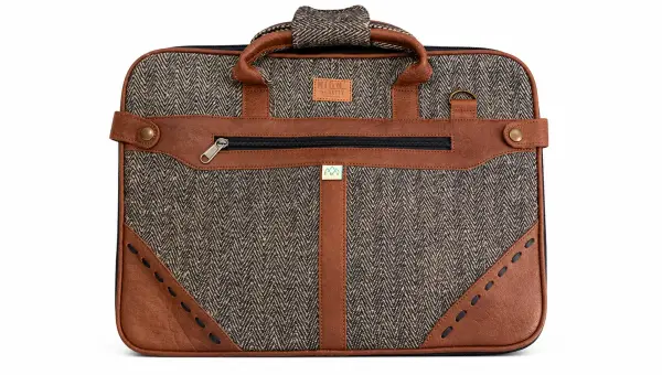 Hemp & Cotton Office Bag with Leather Accents - Multi-Compartment Laptop Briefcase - Handcrafted in Nepal - Eco-Friendly Professional Bag - Image 2
