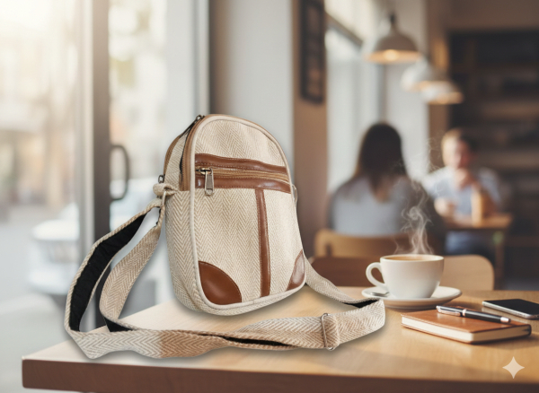 Nepal-Crafted Cotton & PU Leather Crossbody: Unisex Style & Durable Comfort - Image 4