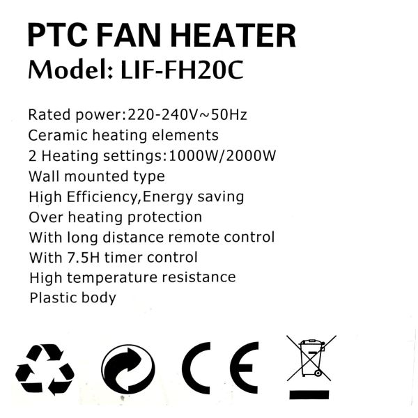 LIFOR LIF-FH20C 2000 Watts Wall Mounted Fan Heater With Timer & Remote - Image 4