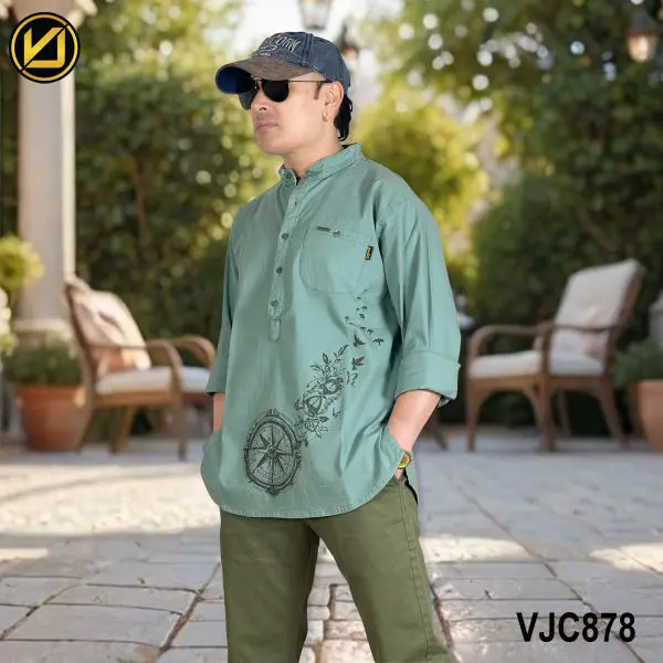 VIRJEANS (VJC878) Linen Stretchable Kurta Shirt For Men-Seafoam Green - Image 2