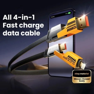 4 in 1 Fast Charging Cable Dual Type C PD 27W 65W Nylon Braided Cable | Flat Braided Charging Cable with Velcro Multi Charging Cable Combo Type