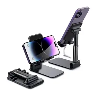 Adjustable Foldable Mobile Stand for Phones, Universal Compatibility, Anti-Slip, Portable Desk/Tabletop Holder with Charging Port