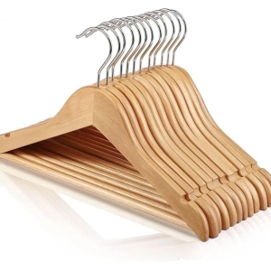 Wooden Baby Hangers for Closet Pack, Kids Wooden Hangers for Baby Clothes, Heavy Duty Wood Toddler Coat Hanger with Non Slip Pant Bar, 360° Swivel Hook, Shoulder Notches, Natural
