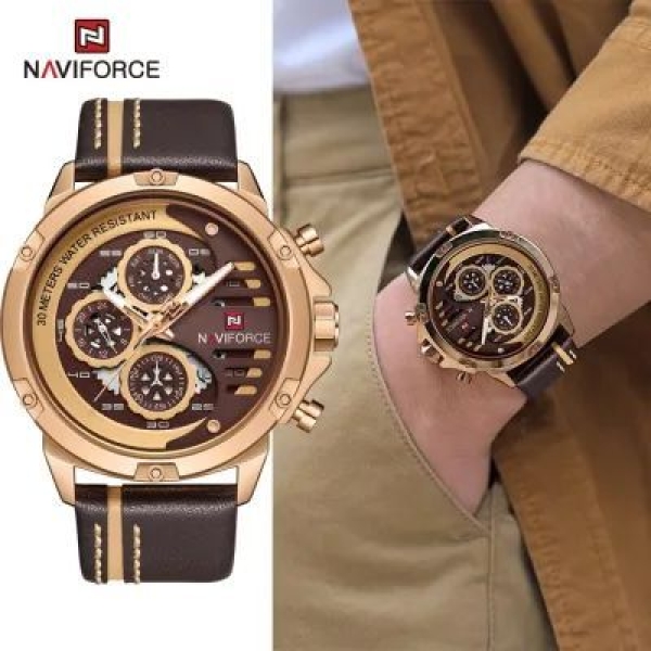 NAVIFORCE NF9110 Luxury Fashion Chronograph Analog Matte Finish Watch For Men - Golden | Naviforce Matte Golden Case Casual Watch For Men - Image 2