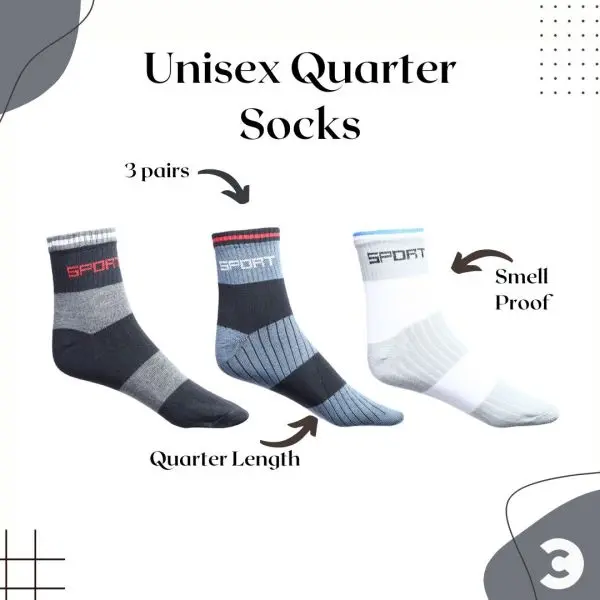 Pack of 3 Multicolor 100% Smell Proof Quarter Socks for Men Women by Comfort Corner