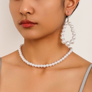 Beaded Pearl Necklace and Earring Set