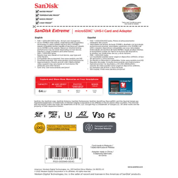 SanDisk Extreme 64GB microSD Memory Card V30 (170MB/s) - Image 3
