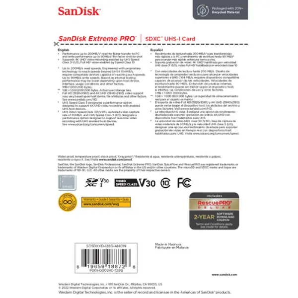 SanDisk. Extreme PRO 128GB SDXC Memory Card V30 (200MB/s) - Image 4
