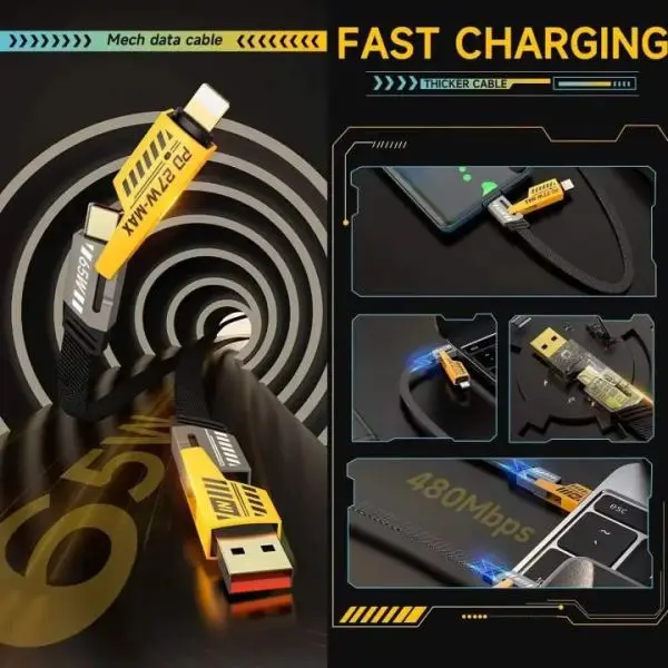 4 in 1 Fast Charging Cable Dual Type C PD 27W 65W Nylon Braided Cable | Flat Braided Charging Cable with Velcro Multi Charging Cable Combo Type - Image 4
