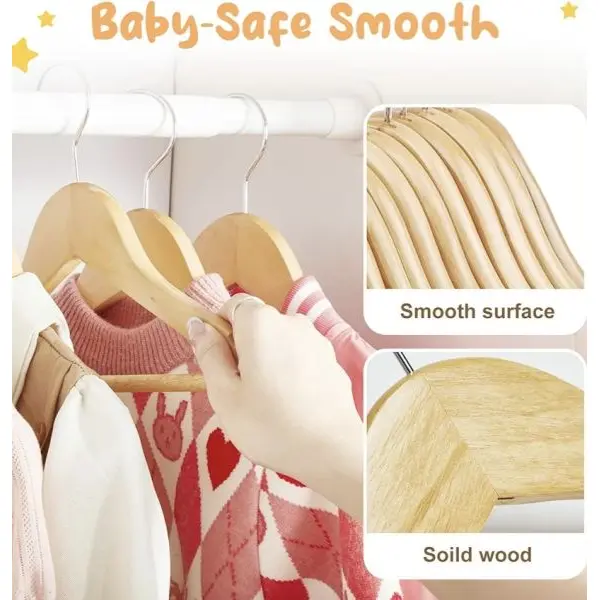 Wooden Baby Hangers for Closet Pack, Kids Wooden Hangers for Baby Clothes, Heavy Duty Wood Toddler Coat Hanger with Non Slip Pant Bar, 360° Swivel Hook, Shoulder Notches, Natural - Image 2