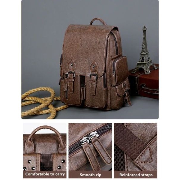 Genuine Solid PU Leather Large Capacity Backpack For Unisex Casual PU Leather Bag For Travelling And Official Purpose - Image 3