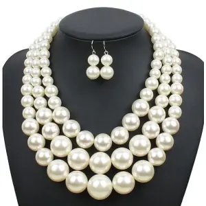 Three Layer Pearl Necklace with Earring