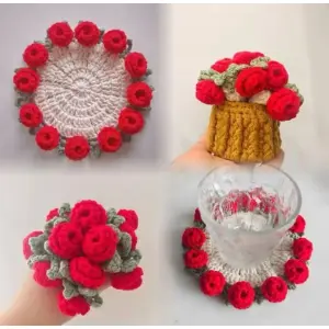 Handcrafted Crimson Rose Crochet Coaster
