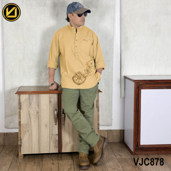 VIRJEANS (VJC878) Linen Stretchable Kurta Shirt For Men-Yellow - Image 3