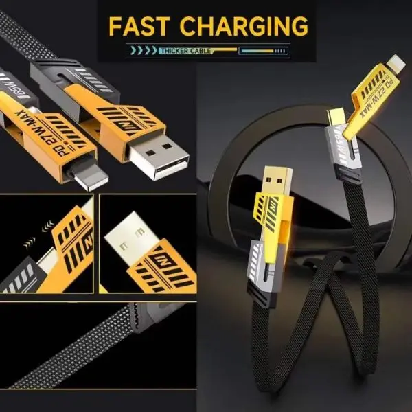 4 in 1 Fast Charging Cable Dual Type C PD 27W 65W Nylon Braided Cable | Flat Braided Charging Cable with Velcro Multi Charging Cable Combo Type - Image 5
