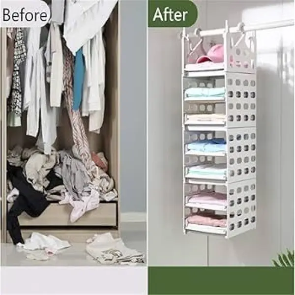 a Home Hanging Closet Organizer, 4 Layers DIY Foldable Hanging Storage, Fold-able Design, Save Space, for Clothing, Sweaters, Towels, Hats - Image 2