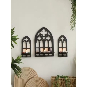 Gothic Wall Shelf Set - Cathedral Arch Wood Shelves for Home Decor, Candles Holder & Pot Stand - Stylish Home Wall Art, Black Wood Wall Shelf ( 3 pc )