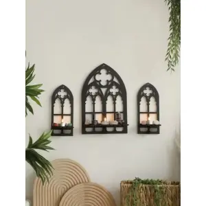 Gothic Wall Shelf Set - Cathedral Arch Wood Shelves for Home Decor, Candles Holder & Pot Stand - Stylish Home Wall Art, Black Wood Wall Shelf ( 3 pc )