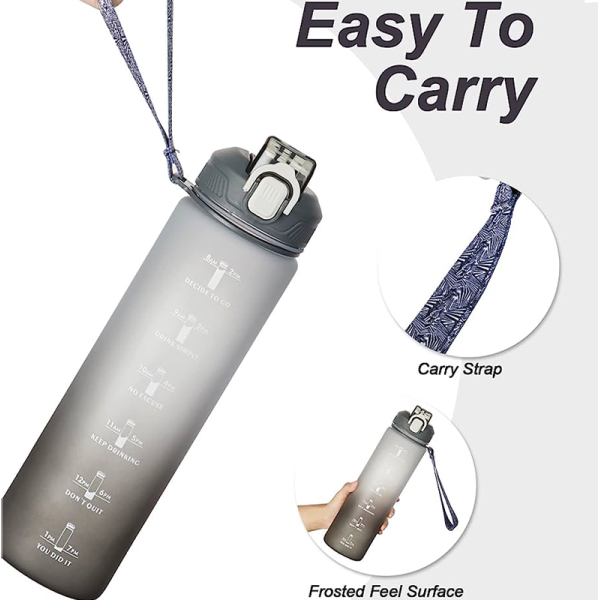 KOJA 1000ML Water Bottle with Motivational Time Marker Straw Strainer BPA Free Sport Plastic Bottles Exercise Leak Proof - Image 2