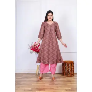 Bisesh Creation Brown Neck Pote Embroidery Kurtha Pant Set Printed For Women