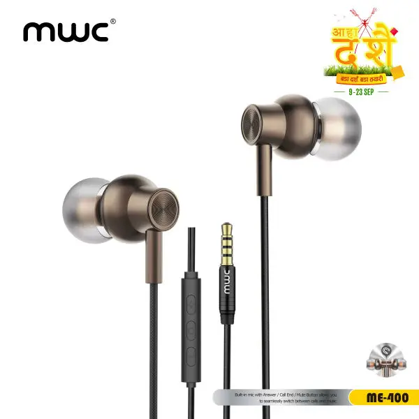 MWC ME-400 | In-ear Wired Earphone | 10mm Dynamic Speaker with Extra Bass | Volume keys with microphone | Stereo Surround Sound |1.2m TPE Cable | 3.5mm Audio Pin | Deep & Clean Bass | 6 month Warranty